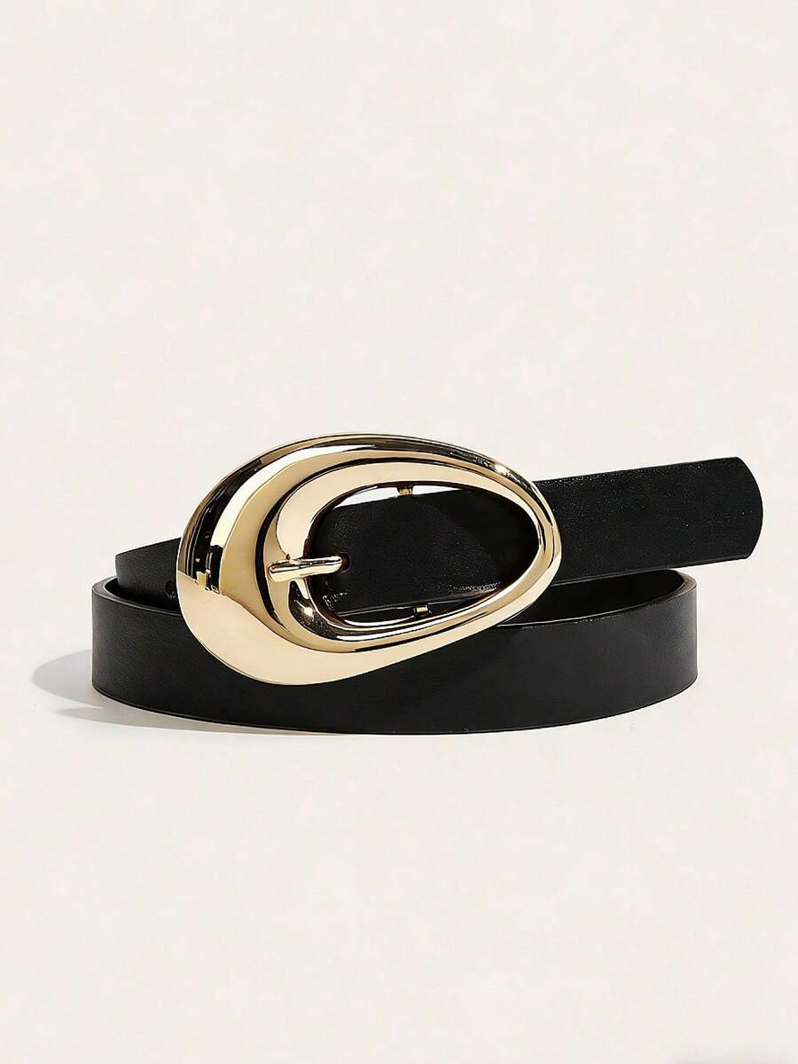 Plus Size Y2K Style Retro American Vintage Black PU Leather Geometric Metal Buckle Belt, Simple & Elegant Accessory For Parties, Music Festivals, And Daily Wear Summer, School Fall, Autumn, Halloween - Geometric Buckle PU - View 1