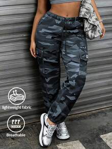 Women's Camo Jogger Pants: Elastic Drawstring Waist, Oversized Cargo Pockets, And A Comfortable Ankle Cuff For Casual Outdoor Wear. - ngụy trang màu xám xanh - Xem 2