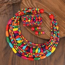 1 Set Handmade Multi-Layer Exaggerated Wooden Bead Necklace, Boho Style Bib Necklace For Women, Suitable For Beach, Party, Middle Eastern Formal Occasions, Colorful Necklace & Earrings & Bracelet Jewelry Set - Color 1 - View 5
