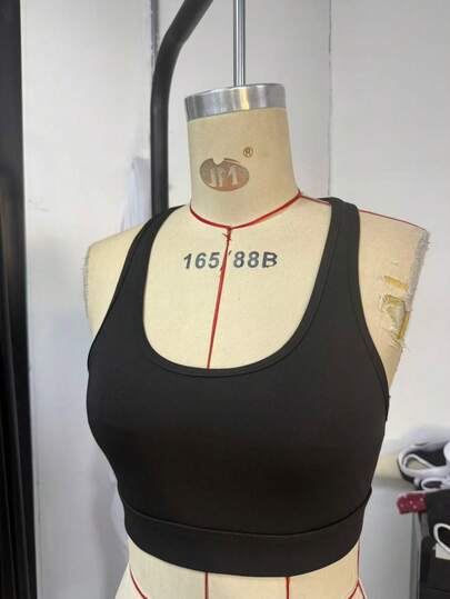 Women's Solid Color Removable Padded Criss-Cross Back Closure Round Neck Sports Knit Bra