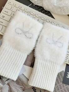 1 Pair Solid Color Rhinestone Bow Half Finger Gloves, Women's Plush Half Finger Gloves Suitable For Outdoor Warmth And Cold Protection In Autumn/Winter - Multicolor - View 9