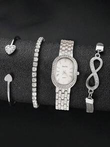 4件套女士银色不锈钢表带时尚休闲经典罗马数字刻度表盘石英表手链首饰套装，适合日常佩戴、装饰、赠送朋友或作为节日礼物。