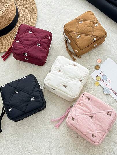 Neue gesteppte bestickte Schleife Kosmetiktasche, tragbare Reise-Kulturtasche, Lippenstiftkoffer, multifunktionale Hygieneartikel-Organizer, Valentinstag Geschenk Aufbewahrungstasche