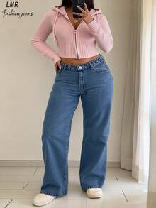 Quần jeans nữ dáng suông, cạp trung, dáng rộng, cơ bản, tối giản, thoải mái và đa năng cho trang phục đường phố hàng ngày. - Rửa tối - Xem 2