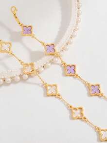 2pcs Fashionable, Elegant, Sweet & Cute Clover, Hollow Clover Chain Bracelets For Women - White and Purple Four-leaf Clover Bracelet - View 8