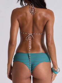 2 Piece Bikini Set For Women Y2K Striped Bathing Suit Backless Halter Triangle Bikini Top Drawstring Bottoms Swimsuits - 綠色 - 查看 7