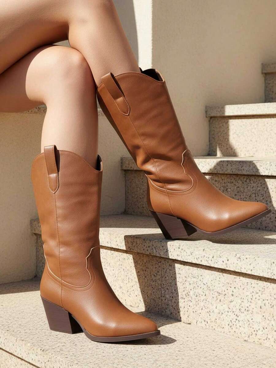planare Giày bốt thời trang mùa đông mới dành cho nữ, gót dày, kiểu dáng xỏ chân, thêu cổ điển, màu trơn, thoải mái khi mang, giày bốt cao đến giữa bắp chân kiểu phương Tây đa năng, đế ngoài nhẹ chống trượt, thích hợp cho lễ hội âm nhạc, kỳ nghỉ, du lịch, phong cách thời trang