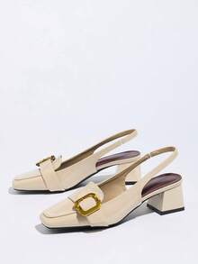 New French Chunky Heeled Closed Toe Sandals, Burgundy, Mid-Low Heel, Metal Square Toe, Elegant Women's High Heels - Apricot - View 6