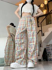 Women's Casual Pleated Wide Leg Loose Pants With Dopamine Plaid Star Pendant, Summer - Yellow - View 1