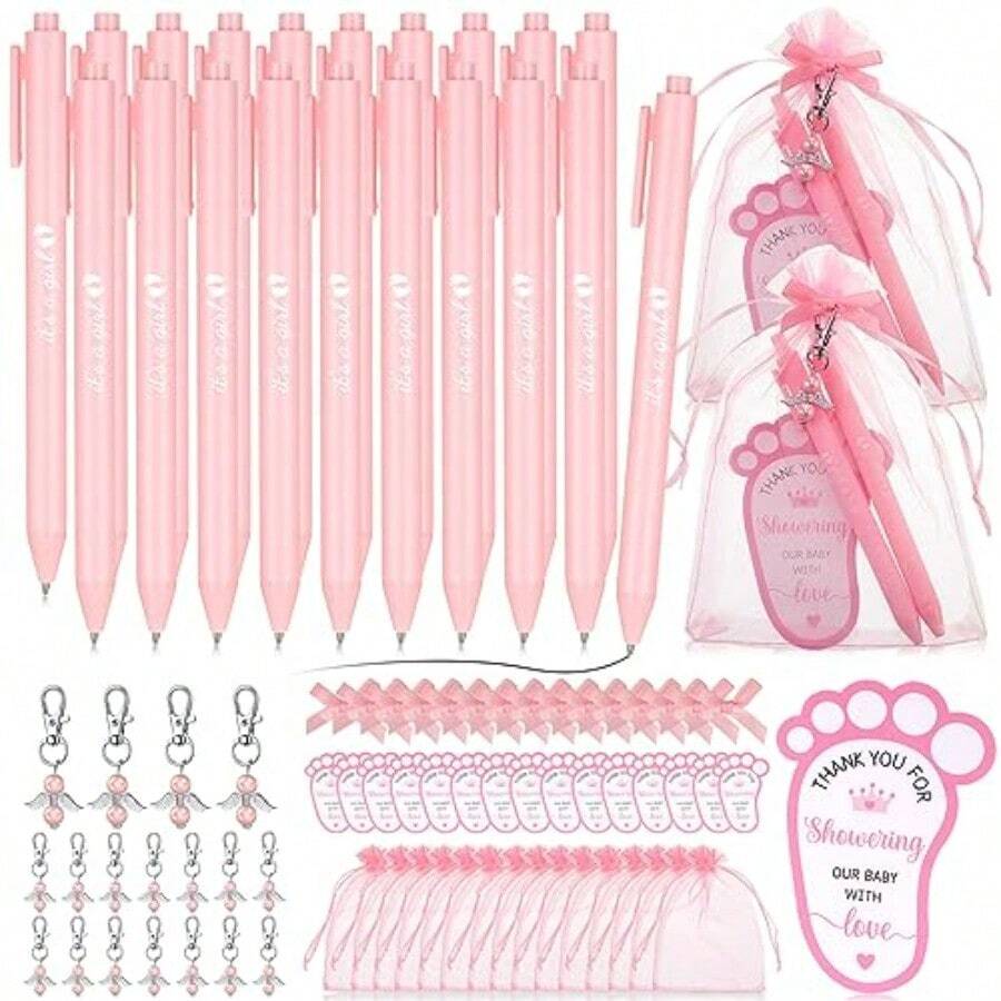 Ctosree 250 Pcs Baby Shower Favors Includes Ballpoint Pens Angel Keychains Organza Bags Thank You Cards For Guest Gifts Baby Shower Gender Reveal Party PinkIt's A Girl - 粉色 - 查看 1