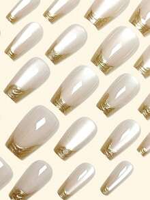 24pcs/Set Acrylic Press On Nails French Tip Nails Y2k Pink Nails Medium Coffin Fashion Ombre Glossy Foil Print Pattern Simple Style Reusable Press On Acrylic Nails Fake Nails Supplies, Set Includes: 1pc Jelly Gel And 1pc Nail File For Girls/Women For Daily, Party, Nails Art - Beige - View 2