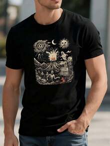 T-shirt TAGLIA COMODA con stampa grafica di vulcano, sole e luna, cotone morbido, vestibilità ampia, traspirante, stile street hip-hop, design grafico - nero - Visualizzare 1