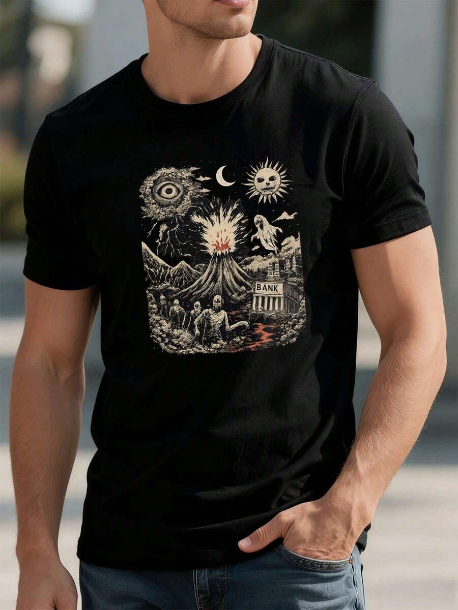 T-shirt TAGLIA COMODA con stampa grafica di vulcano, sole e luna, cotone morbido, vestibilità ampia, traspirante, stile street hip-hop, design grafico - nero - Visualizzare 1