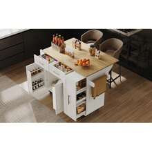 Modern Kitchen Island Table, Kitchen Cabinet, Self-Service Cabinet, Grained Wood Dining Cart, Multifunctional Dining Table With Storage Space, Dining Cart With Snack Holder And Extendable Functional Cabinet, White - White - View 10