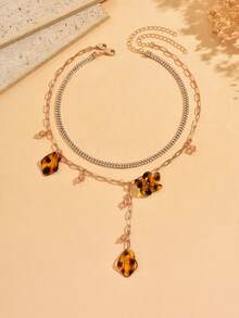 2件套小众百搭水晶水钻豹纹花朵Y字项链，时尚女士颈饰，适合日常佩戴和派对，链长可调节