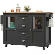 Kitchen Island Unit, Kitchen Cabinet, Sideboard, 120x73 (45) X 93cm, Sliding Kitchen Trolley With Wheels, Towel Rack, Spice Rack, Adjustable Shelf, Two Doors, Four Drawers, Black And White - Black - View 8