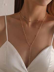 1pc Long Y-Shaped Chain Necklace With Round Beads, Suitable For Daily Wear And Gift-Giving (Handmade Chain Cut To Appropriate Length, Bead Quantity May Vary)