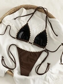 Bộ bikini hai mảnh gợi cảm, tối giản, thanh lịch dành cho nữ, thích hợp đi biển, du lịch, dự tiệc, màu trơn, kiểu buộc dây cổ, bộ đồ bơi 2 mảnh quyến rũ, mẫu mới Xuân/Hè. - màu nâu - Xem 3