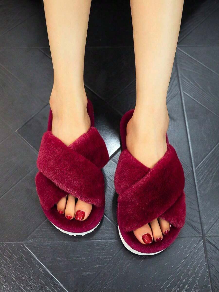 1pcs Latest Crisscross Design Fluffy Women's Indoor Slippers, Fashionable & Minimalist, Silent, Perfect For Home Use - Burgundy - View 1