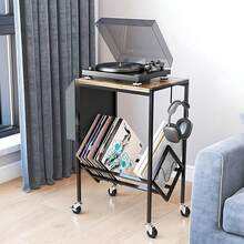 Mueble para Tocadiscos y Vinilos, Mueble para Vinilos con 4 Ruedas Móviles, con Bolsa para Guardar Discos Soporte Reproductor Discos Almacenamiento Discos Vinilo, Organizador para 100 Discos de Vinilo - Negro - Ver 5