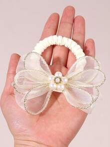 2个米色网纱发圈，女童珍珠水钻装饰发圈，亮面弹力发带，优雅发圈，派对日常节日马尾辫发圈，青少年发饰 - 米色 - 查看 7