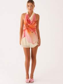Women Halter Mini Dress Ruched High Neck Sleeveless Backless Flower Print A-Line Party Dress Vacation Beach Short Dress - 粉色 - 查看 1