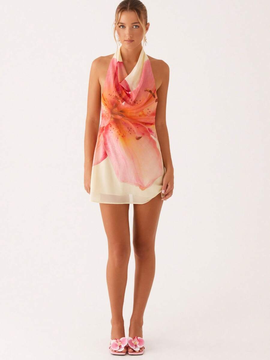 Women Halter Mini Dress Ruched High Neck Sleeveless Backless Flower Print A-Line Party Dress Vacation Beach Short Dress - 粉色 - 查看 1