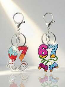2个创意卡通67亚克力钥匙扣，趣味67游戏手柄和滴落冰淇淋造型钥匙圈，可爱包包挂饰，适用于背包、钱包和钥匙 - 彩色 - 查看 1