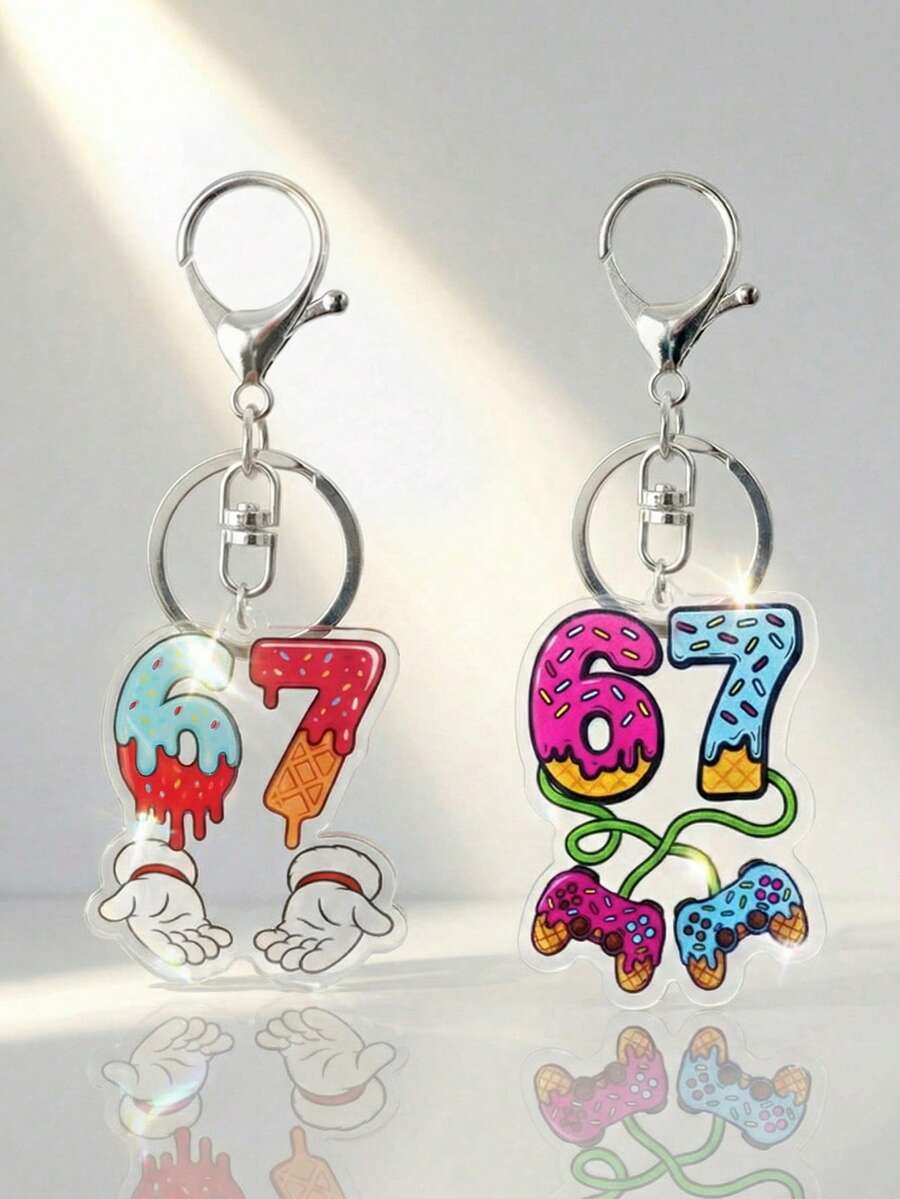 2个创意卡通67亚克力钥匙扣，趣味67游戏手柄和滴落冰淇淋造型钥匙圈，可爱包包挂饰，适用于背包、钱包和钥匙 - 彩色 - 查看 1
