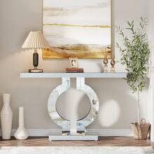 LITTLE TREE 43" Modern Mirrored Console Table, Glass Mirror Finish Entryway Table, O-Shaped Base Rectangular Accent Table For Living Room Hallway Foyer - Silver - View 7