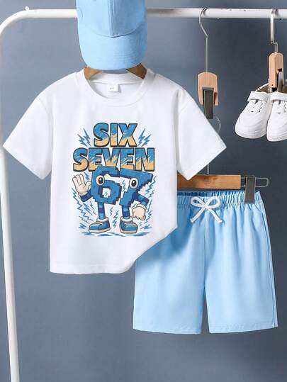 2pcs/Set Boys' Casual Letter & Cartoon Graphic Print Short Sleeve T-Shirt And Shorts Set