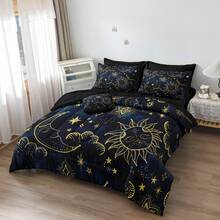 Queen Blue Galaxy Comforter Set Bed In A Bag - 8PC Gold Moon & Stars Bohemian Universe Bedding - 藍色1 - 查看 3
