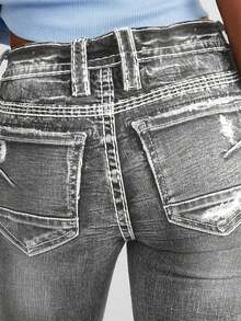 Pantalones vaqueros acampanados de corte bota para mujer, con detalle deshilachado y costuras blancas, de cintura media - Gris - Ver 5