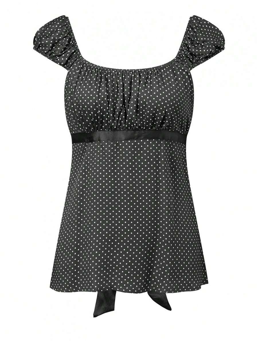 Women's French Vintage Polka Dot Top Cute Square Neck Short Sleeve T-Shirt Slim Fit Milkmaid Blouse Elegant Summer Going Out Tops - 黑色 - 查看 1