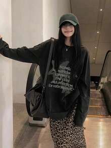 女士休闲复古水洗字母印花宽松圆领长袖上衣，适合日常通勤，春秋季百搭单品 - 黑色 - 查看 7