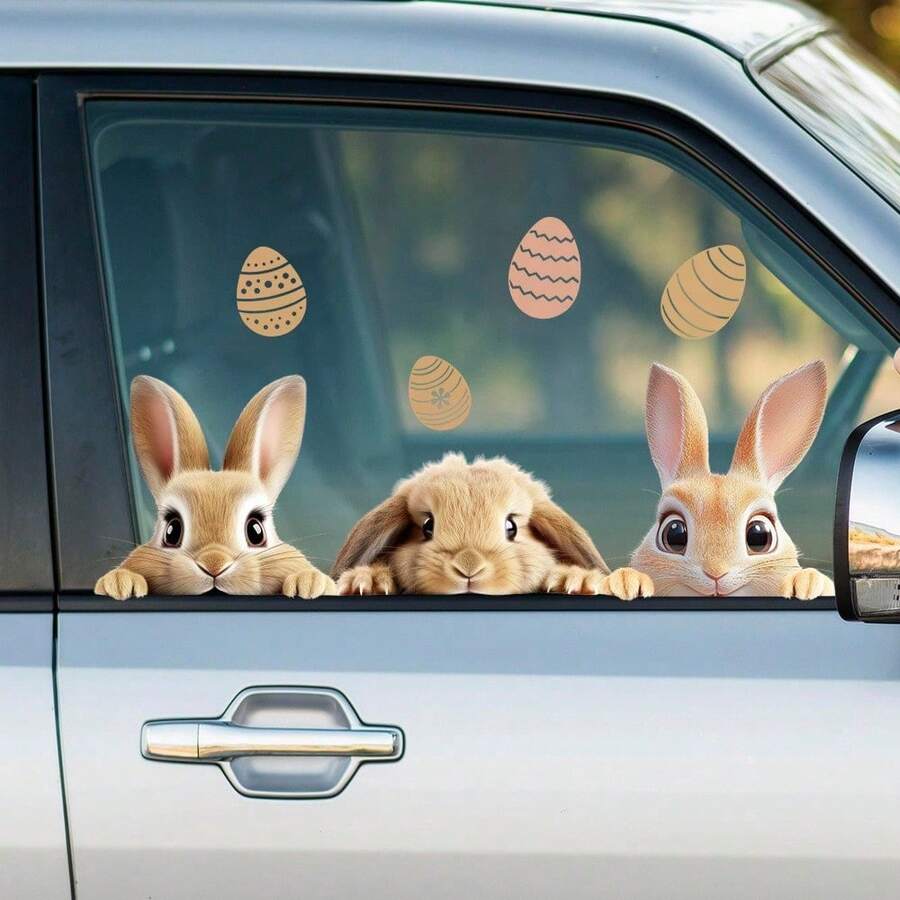 1 pieza Pegatina de conejo de Pascua para coche, Pegatina para ventana, Perfecta para decoración de coche, Pegatina autoadhesiva de decoración festiva de Pascua - Lindas pegatinas de conejito - Ver 1