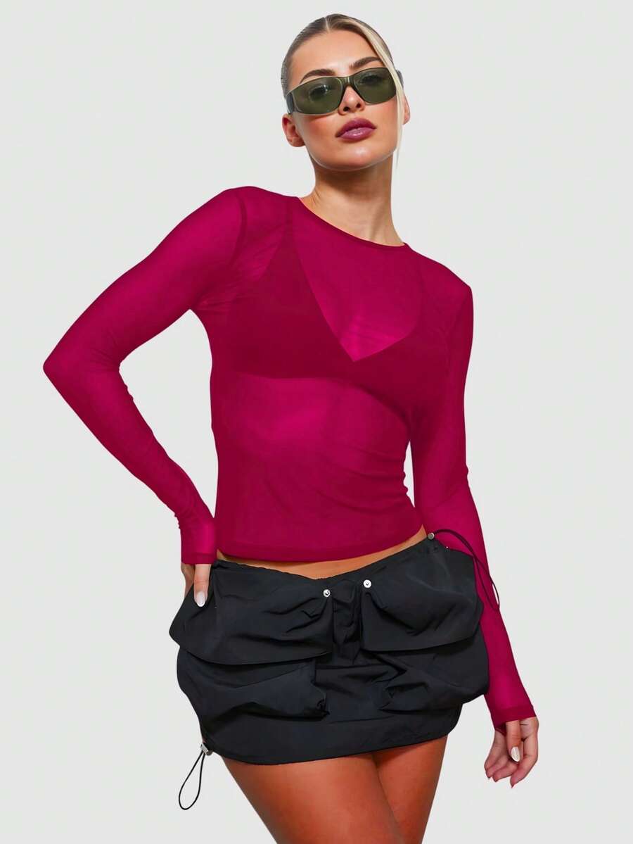 ADAMAS ATACADISTA Women's Long Sleeve Tulle Blouse With Sheer Detail - Redwood - View 1