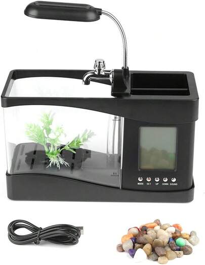 Acuario Recargable por USB con Luz LED, Pantalla LCD para Hora, Fecha, Temperatura, Soporte para Bolígrafo, Decoración para Sala de Estar, Dormitorio, Oficina (Negro)