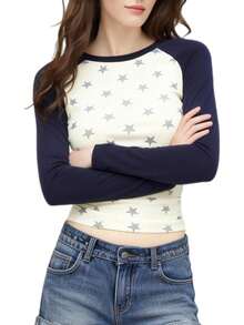 Camiseta de manga larga para mujer, corte entallado, elegante, con estampado de estrellas y cuello redondo en contraste de colores para otoño/primavera - Blanco - Ver 1