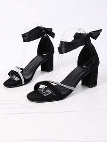 2026 New Black Satin Ribbon Rhinestone Decor Women's Sandals, Rhinestone Decor Chunky Heel Open Toe Party Elegant Shoes, Suitable For Valentine's Day, Banquet, Party - Black - View 3