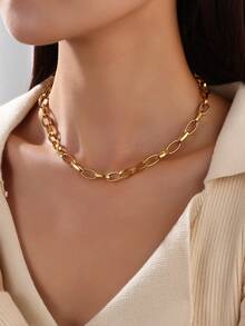 1件装不锈钢几何椭圆项链，男女皆宜，时尚简约，18K镀金链项链首饰 - 項鍊 - 查看 2