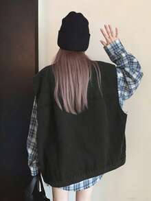 女士休闲时尚街头风纯色可叠穿宽松无袖牛仔背心外套 - 深灰色 - 查看 6