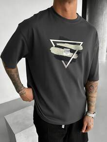 男士幾何和字母圖案T恤 - 灰色 - 查看 3