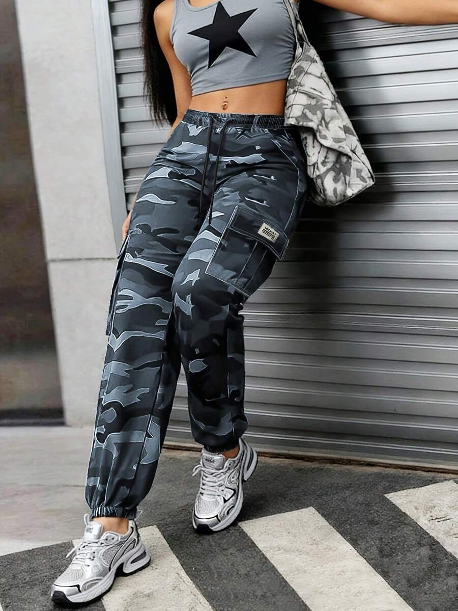 Women's Camo Jogger Pants: Elastic Drawstring Waist, Oversized Cargo Pockets, And A Comfortable Ankle Cuff For Casual Outdoor Wear. - ngụy trang màu xám xanh - Xem 1