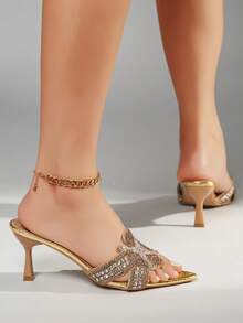 女士休闲尖头水钻高跟鞋，学院风，优雅，PU皮革，水钻装饰，套脚式，适合室内外穿着，四季皆宜 - 金色 - 查看 4