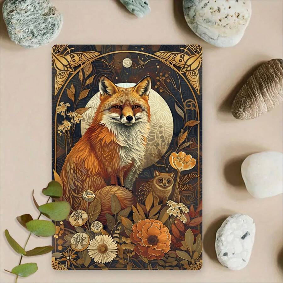 Room Decor 1pc Forest Spirit Fox And Owl Vintage Iron Wall Art, 8x12 Inch Decorative Plaque, Ideal For Home, Living Room, And Nature-Inspired Spaces - White - View 1