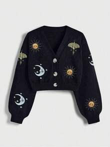New Women's Embroidered Sun And Moon Pattern Lantern Sleeve Button V-Neck Cardigan Sweater, Suitable For Autumn And Winter. - màu đen - Xem 6