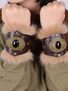 2pcs Medieval Viking Faux Fur And PU Leather Bracers, Renaissance Knight Wrist Guards, Suitable For Renaissance Viking Fair, Role-Playing Games, Halloween Costume Accessories Props - Brown - View 7