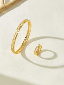 Mgyi 金色铜质时尚高端复古女士珠宝套装，18K镀金优雅方形设计手链、戒指，适合尼日利亚、迪拜、中东、沙特阿拉伯等地，可用于新娘婚礼、日常佩戴、结婚纪念日礼物、万圣节礼物等。 - 金色B - 查看 5