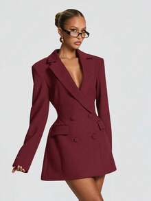 Blusas Bonitas De Mujer Elitara Vestidos Elegantes De Mujer Solid Color Deep V Blazer Dress Women's Double-Breasted Waist-Slim Fit Faux Pocket Party Gown Dresses For Women Going Out Outfits - Màu Đỏ Sâu - Xem 2